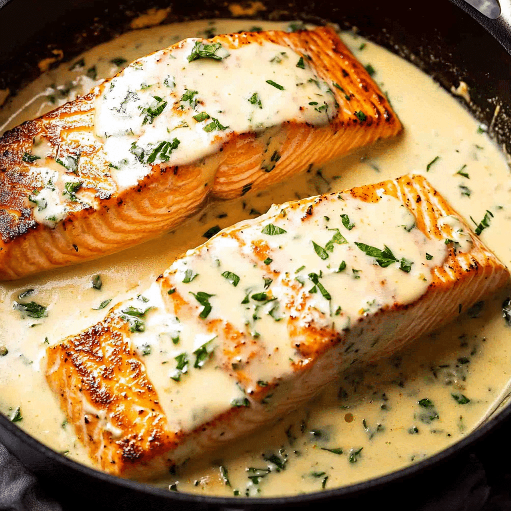 Creamy Pan Seared Salmon with Lemon Garlic Cream Sauce