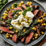 Grilled Flank Steak with Burrata & Pesto