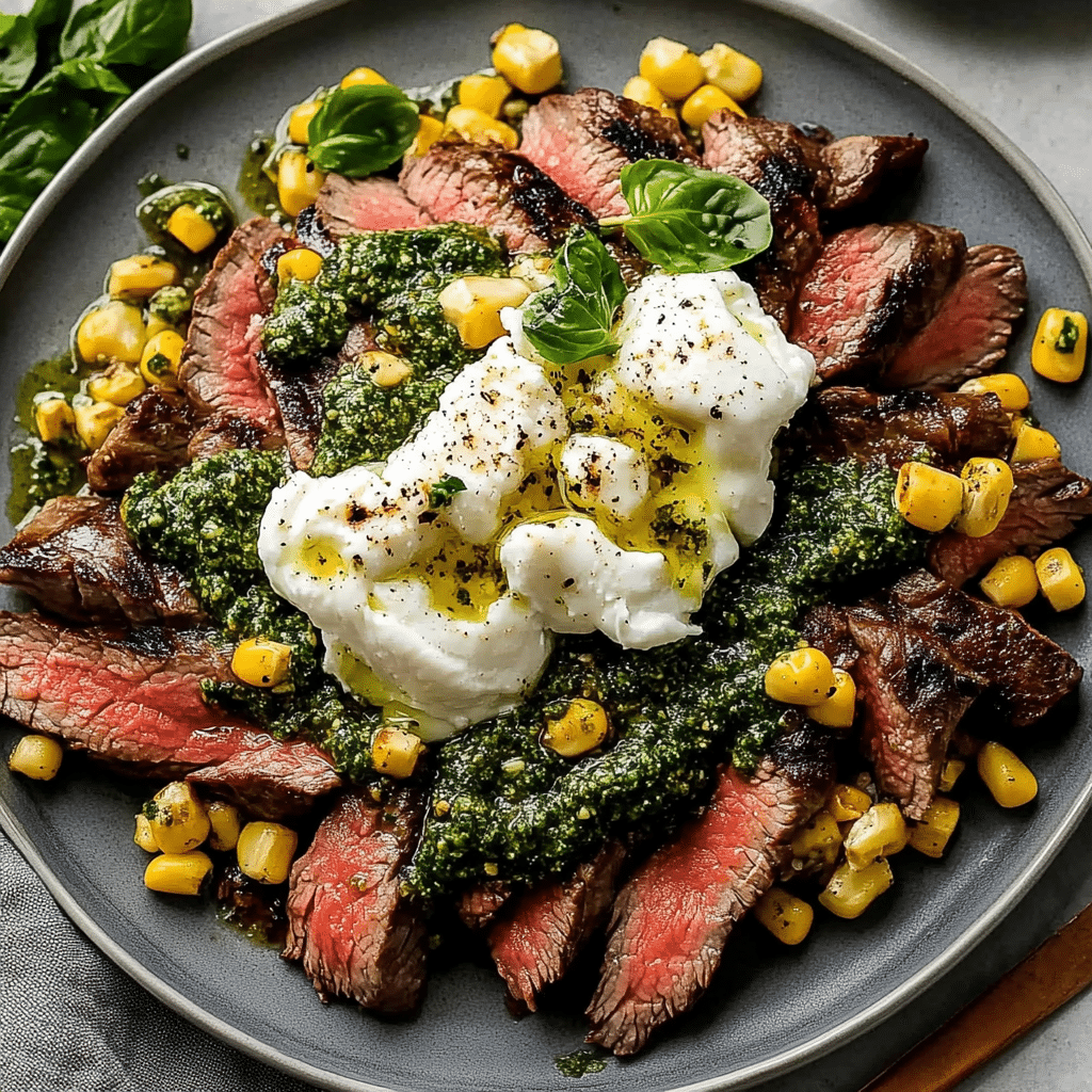 Grilled Flank Steak with Burrata & Pesto