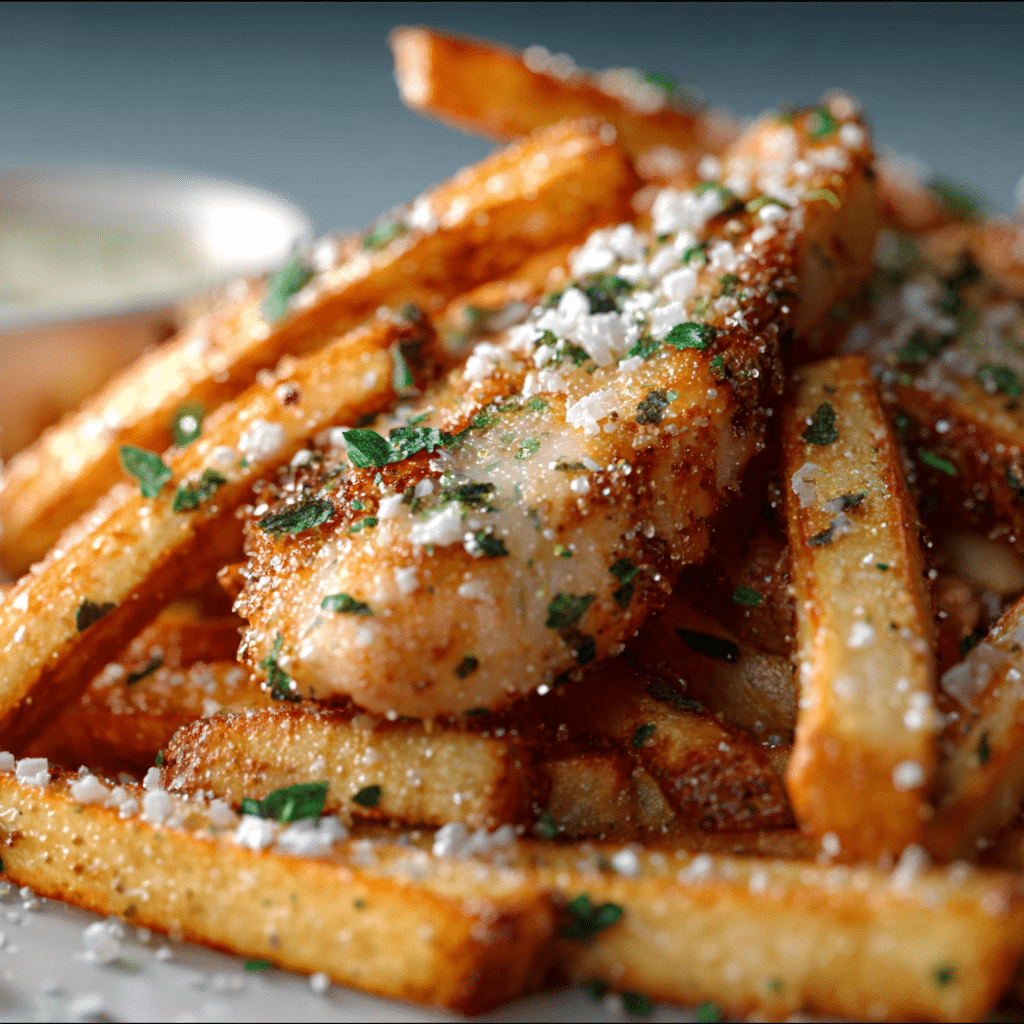 Garlic Parmesan Chicken with Crispy Fries