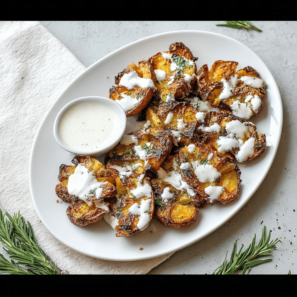 Smashed Potatoes with Garlic Feta Sauce
