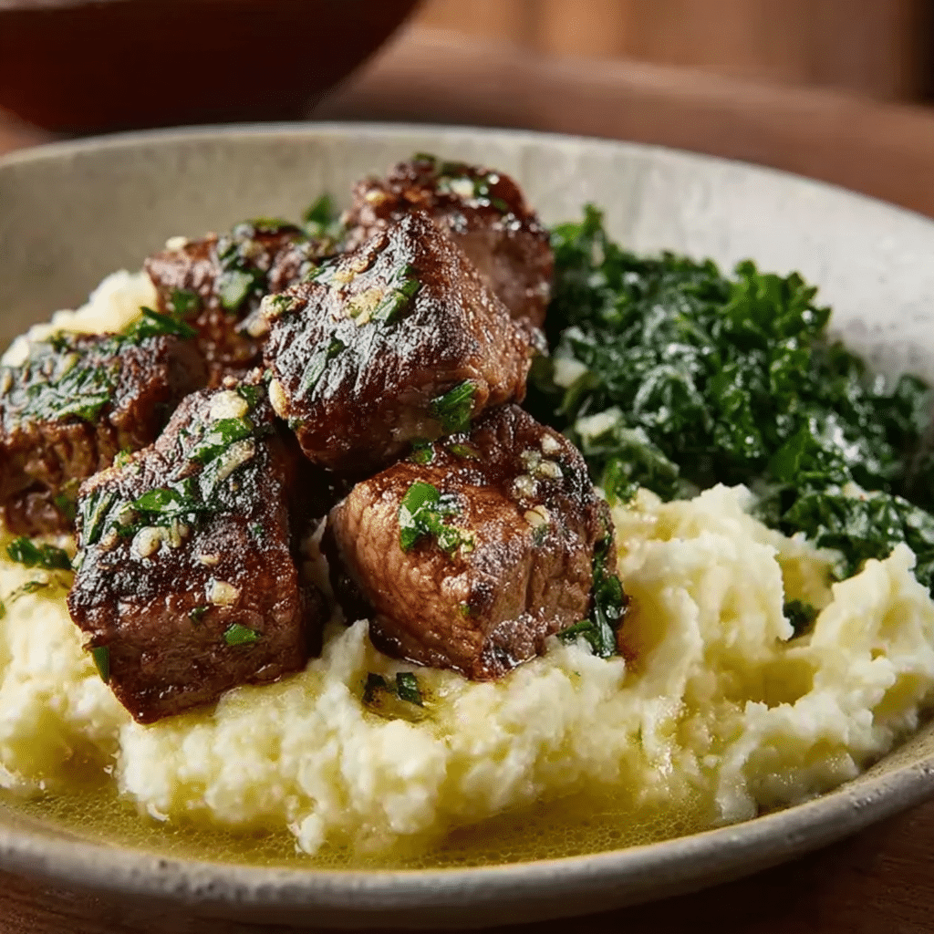 Garlic & Herb Butter Steak Bites over Mashed Potatoes