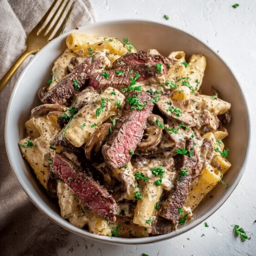 Pasta with Steak and Caramelized Onion Cream Sauce